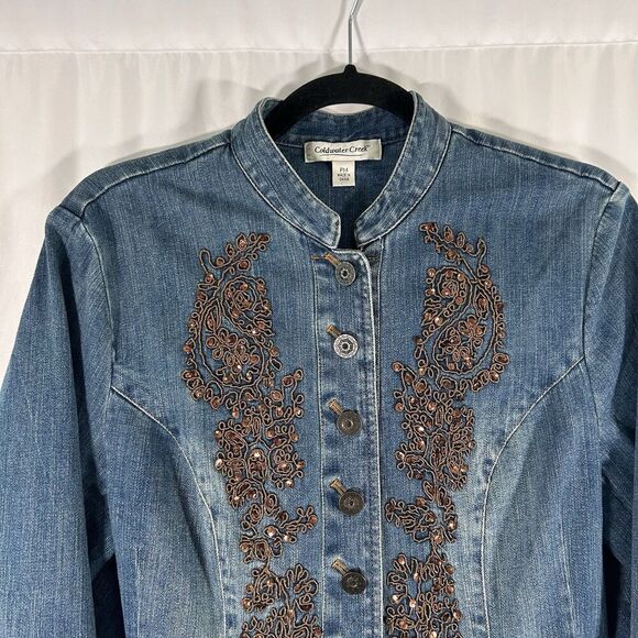 Coldwater Creek Denim Jacket Women's Medium Petite Button Up Sequin Cotton Blend - Picture 2 of 8